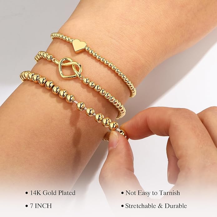 Turandoss Gold Bracelets for Women - Dainty 14K Gold Plated Bow Cross Beaded Bracelets for Women Stackable Heart Bead Bracelet Set Wave CZ Round Ball Bracelet Valentine's Day Gifts for Her