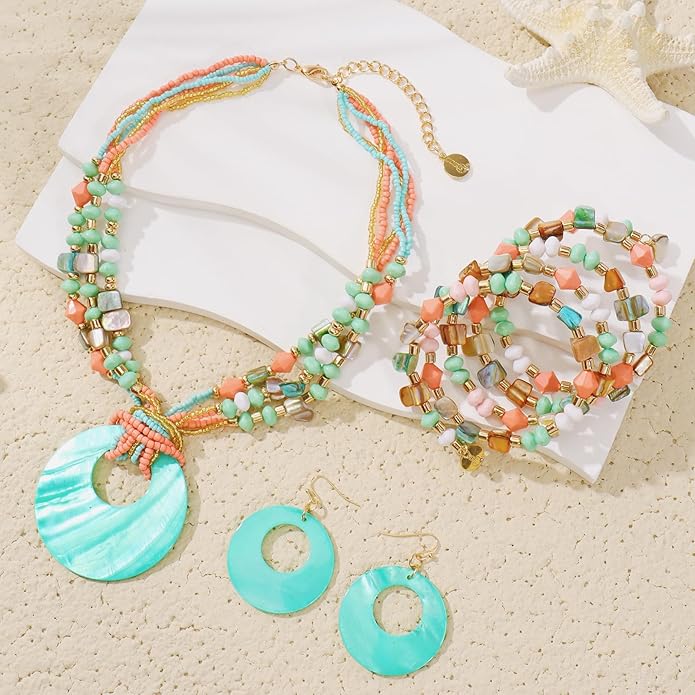 Jewelry Sets for Women 4 Pcs Chunky Beaded Mrs Roper Costume Jewelry for Women Boho Multi Strand Colorful Shell Necklace for Women