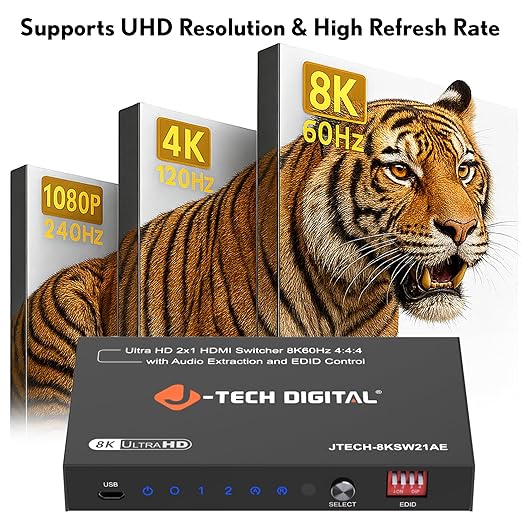 8K HDMI Switch 2 in 1 Out, 8K@60Hz 4K@120Hz 1080P@240Hz with Audio Extraction, HDMI to Optical & Analog 3.5mm, HDR HDCP2.3 EDID Control (JTECH-8KSW21AE)