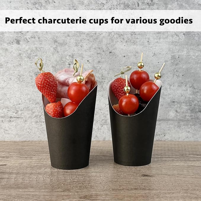 CAMKYDE 50 Pcs Disposable Black Charcuterie Cups, 12oz French Fries Holder French Fry Cups for all Occasions (12oz, Black)
