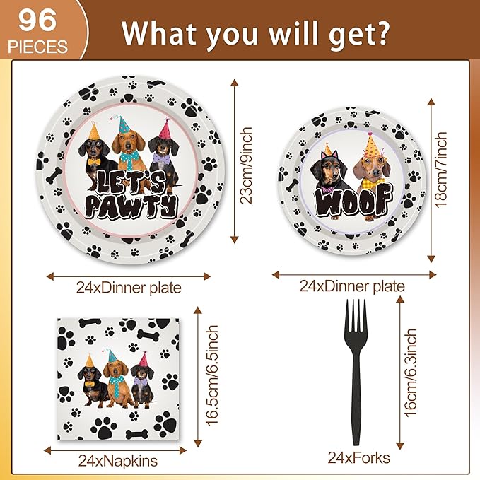 96PCS Dog Plates and Napkins Party Supplies Dachshund Birthday Party Decorations Weiner Dog Decor Lets Pawty Dog Themed Disposable Tableware Set Serve 24 Guests