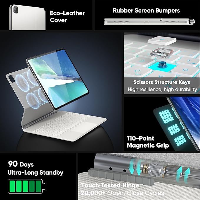 doqo Keyboard case for iPad Air 13 (M2) 2024/(M3) 2025 and iPad Pro 12.9(6th,5th,4th,3rd Gen),Magic Keyboard case with Multi-Trackpad for iPad Air 13,Pro 12.9 2018~2022 Slim 7 Color Backlit White