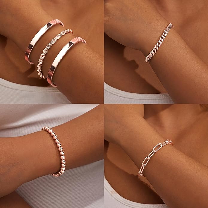 Gold Bracelets Set for Women Non Tarnish, 14K Gold Plated Sterling Silver Chunky Cuff Bracelet Stackable Gold Bangles Bracelet for Women Trendy Fashion Accessories Tie Knot Cuban Rope Paperclip Beaded Bracelet Stack Jewelry Valentines Day Gifts