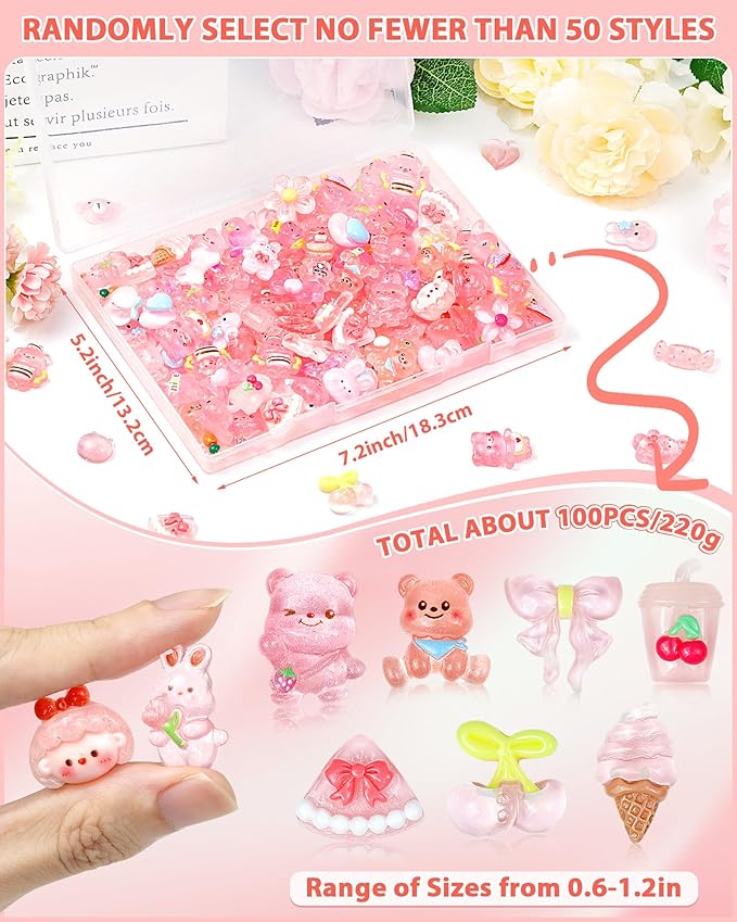 FIVEIZERO 100PCS Cute Slime Charms Bulk Set – Kawaii Flatback Resin Charms for Crafts, Mini Decoden Acrylic Embellishments for Phone Junk Cases, Scrapbooking & DIY Decoration (Pink)