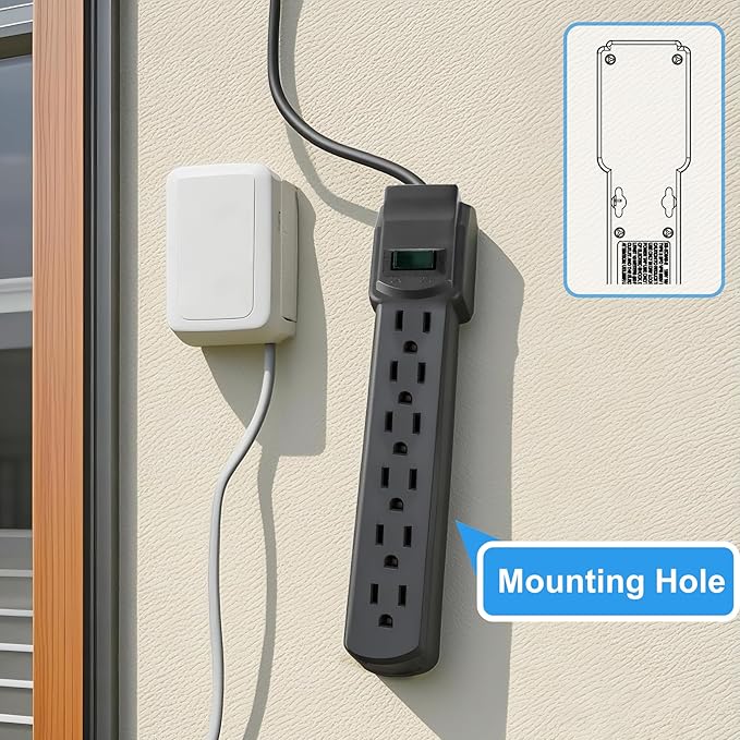 6-Outlet Surge Protector 2pk – 250 Joules, 2ft Cord, 15A/125V, 1875W Max – Right Angle Plug, Black – Home, Office, & Electronics Protection