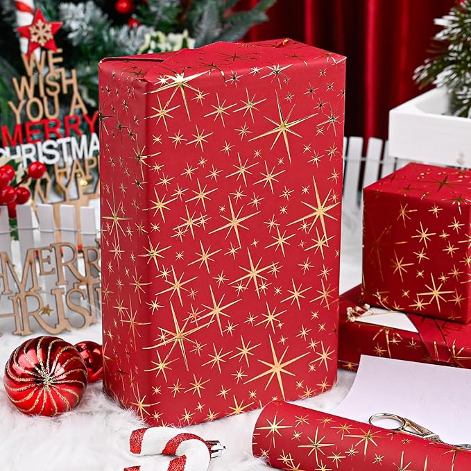 Garbendy Red Christams Wrapping Paper Roll - 17 Inch X 32.8 Feet - Embossing 3D with Gold Foil Star Design for Christmas, Birthday, Wedding, Baby Shower, Bridal Shower, Party