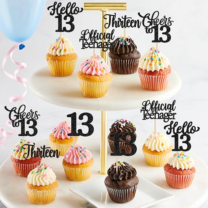 30PCS Happy 13th Birthday Cupcake Toppers Glitter Thirteen Official Teenager Hello 13 Cupcake Picks Cheers to 13 Birthday Decorations for 13th Birthday Anniversary Party Cake Decor Supplies Black
