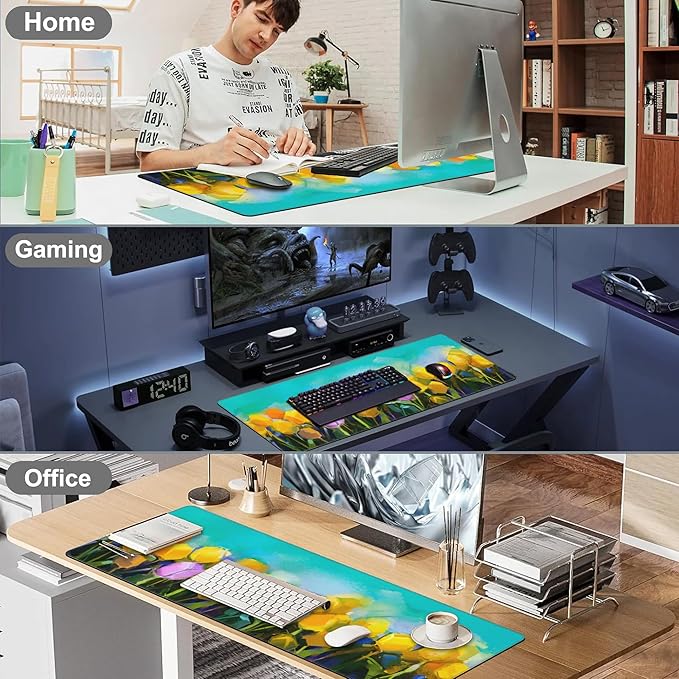 Tulips Flowers Desk Mat,Large Yellow and Violet Tulip Flowers Gaming Keyboard Mouse Pad,Non-Slip Rubber Base Desk Pad Thick Stitched Edges Waterproof Mousepad Mouse Mat 31.5"x11.8"