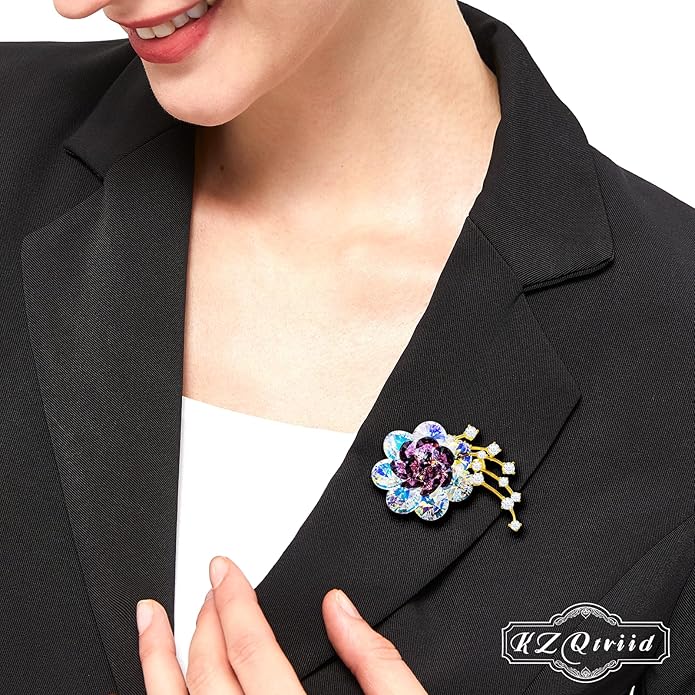 Brooches For Women,14k Gold Plated Copper,Crystal Roselle Cubic Zirconia Brooch Pins For Women ，Crystal Broach,Flower Broach