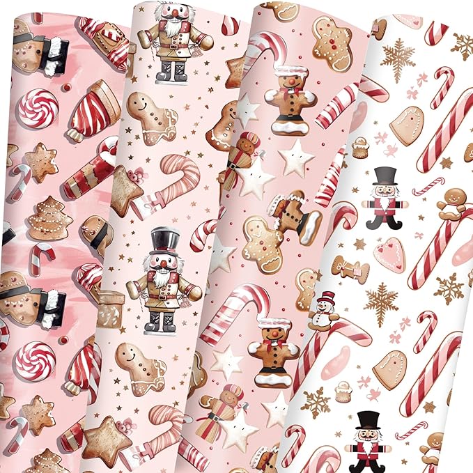 Vnaaem Pink Christmas Wrapping Paper with 4 Nutcracker Gingerbread Design for Christmas Holiday Party Celebration - 20 X 28Inches Per Sheet(8 Pack)