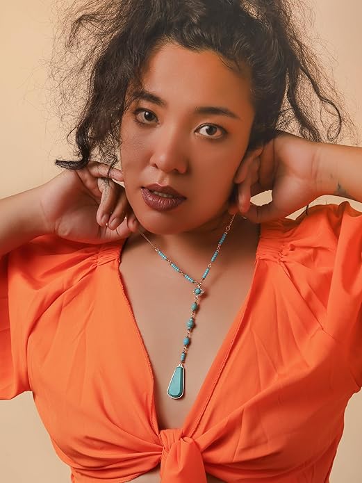 MINACHI Bohemian Created Turquoise Beaded Y-Necklace, Turquoise-toned Multi-shaped Pendant, Dainty Elegant Jewelry for Women