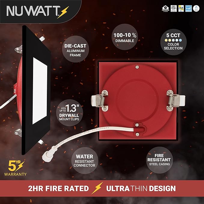 NUWATT 2 Hour Fire Rated Recessed Lighting 6 Inch, Square LED Lights, 5 CCT 2700K/3000K/3500K/4000K/5000K, 15W, Dimmable 1200LM, Black Recessed Lights, Wet & IC Rated, ETL, No Tenmat Needed, 6 Pack