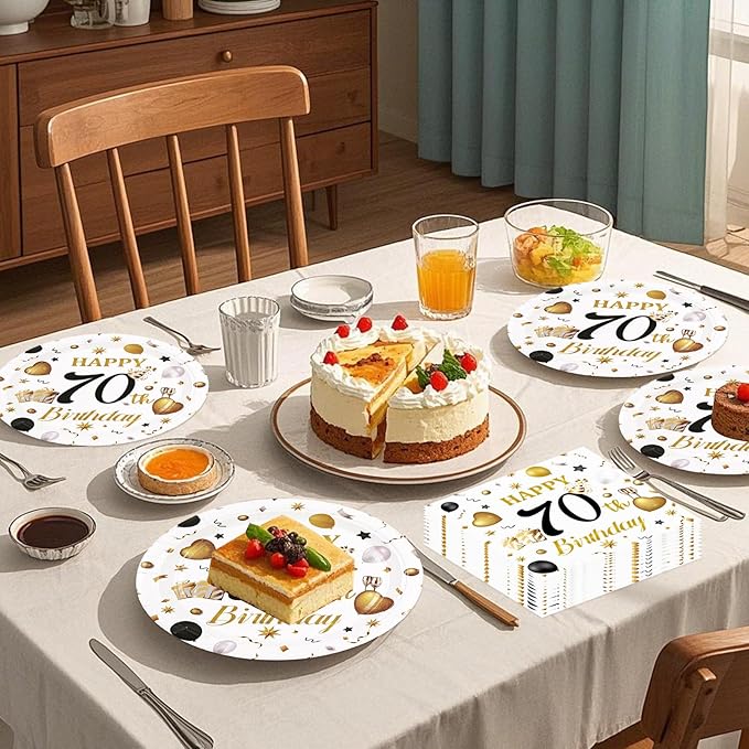 75PCS 70th Birthday Plates and Napkins Party Decorations, 7 Inch White and Gold Happy Birthday Paper Plates and Napkins Disposable Tableware Set 70 Year Old Birthday's Party Decor for Women Men