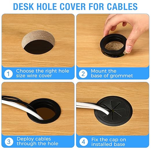 Desk Grommet 2" (50 mm), Desk Hole Cover for Cables Grey, Cable Grommet ABS Plastic, Desk Hole Grommet for Office and Home Table Cable, Detachable & Flexible Cable Cord Organizer-4 Pcs