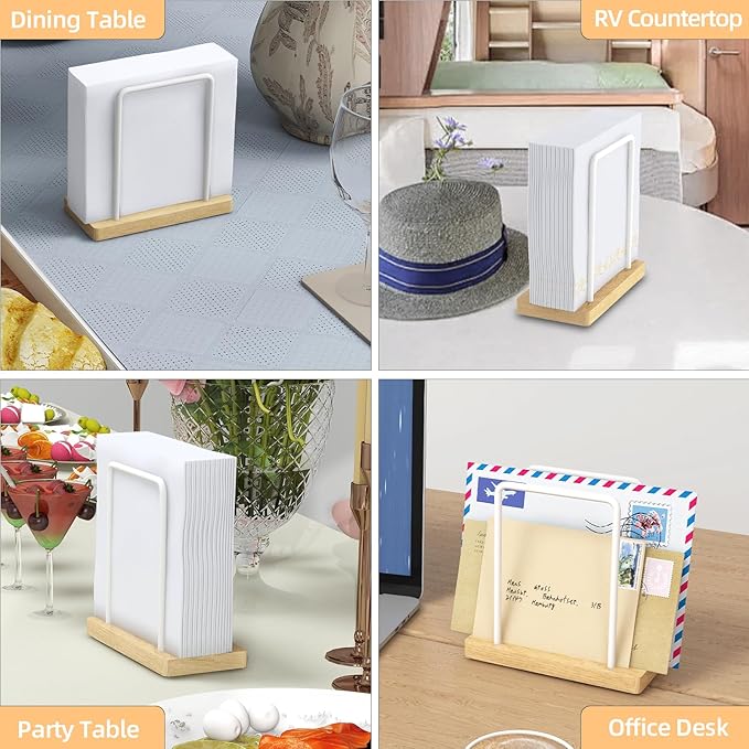 Napkin Holder for Table, Wood Metal Napkin Holder for Kitchen Dining, Standing Paper Napkin Storage for Table Countertop, White