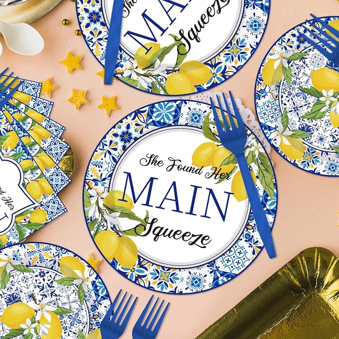96PCS She Found Her Main Squeeze Plates and Napkins Party Supplies Lemon Bridal Shower Decorations Blue Tiles Lemon Weeding Engagement Disposable Paper Tableware Set Serves 24 Guests