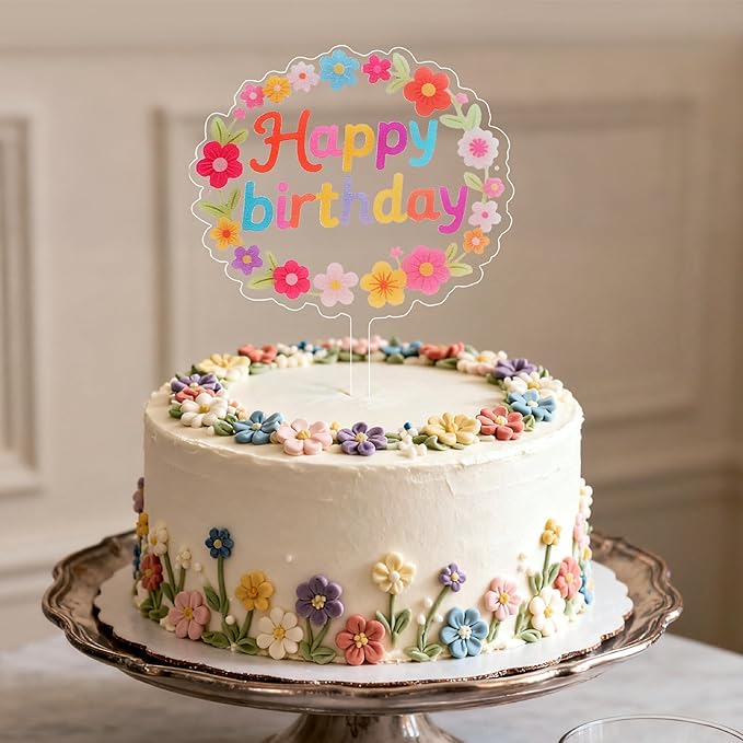 Coucoland Birthday Cake Toppers - 2 Pcs Vintage Daisy Flower Acrylic Cake Decorations for Baby Shower Birthday Party Supplies