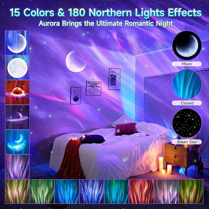 COOLNIGHT Galaxy Projector for Bedroom, 180 Light Modes Moon Star Aora Night Light, 15 White Noise+Bluetooth Galaxy Light, Remote Star Projector for Kids Christmas Gifts