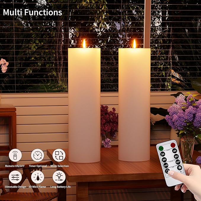 14" x 4" Large Outdoor Candles with Timer Waterproof Flickering LED Flameless Candles Battery Operated with Remote Fake Pillar Candles Realistic for Patio Porch Lanterns, White 2 Pack