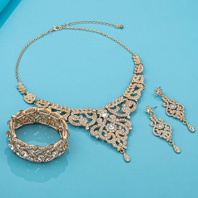 Silver Gold Plated Wedding Jewelry Sets Bridal Necklace Rhinestone Earrings Bracelets