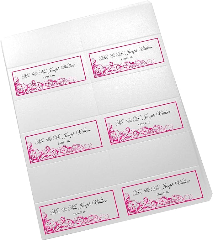 Scribble Vintage Swirl Printable Place Cards, Fuschia (Choose Color), Set of 150 (25 Sheets), Laser & Inkjet Printers - Wedding, Party, Dinner, and Special Events