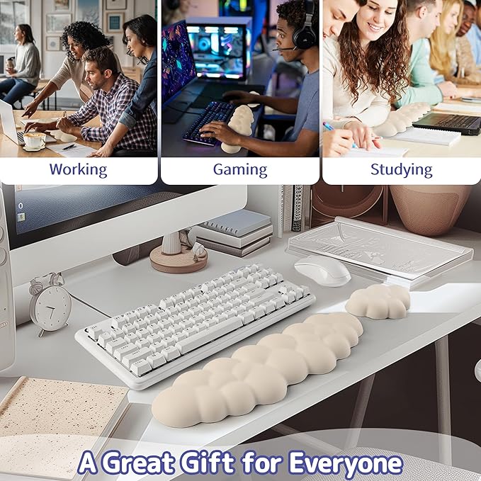 Cloud Wrist Rest Keyboard, Cloud Keyboard Wrist Pad Set with PU Leather Memory Foam, Cute Arm Rest for Palm Support, PC/Gaming Desk Accessories/Office Setup/Computer Hand Cushion - Beige