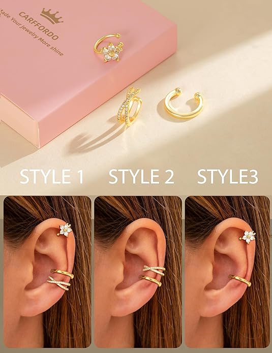 3Pcs Ear Cuffs Non Piercing for Women - Trendy 14K Gold Plated Cuffs Earrings with Cubic Zirconia - Dainty Clip On Cartilage Earring Jewelry