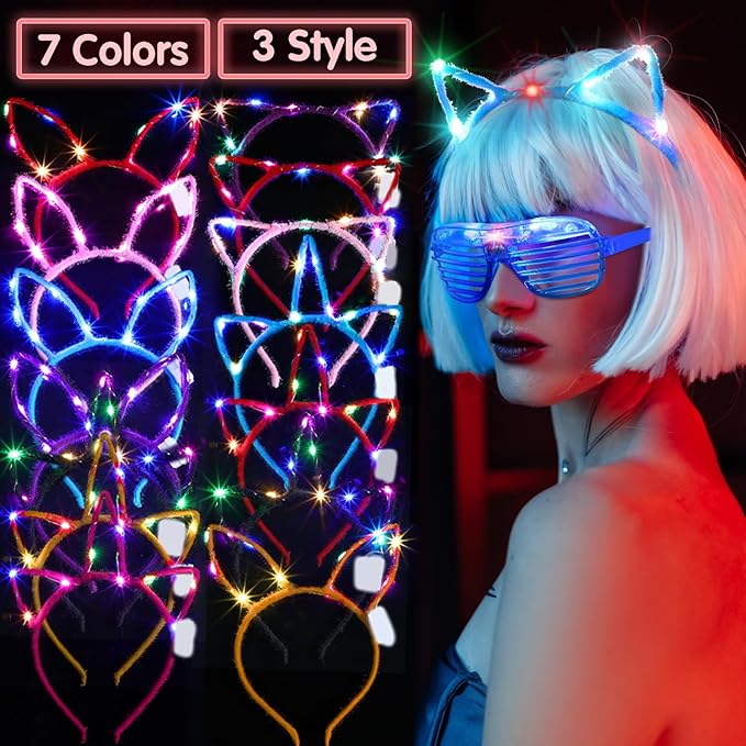 Giegxin 42 Pcs LED Halloween Glow in the Dark Headband Set, 14 Unicorn Style Light up Headband 14 Cute Cat Ear Luminous 14 Rabbit Bunny Ear for Party Decorations Women Adult Birthday Gift