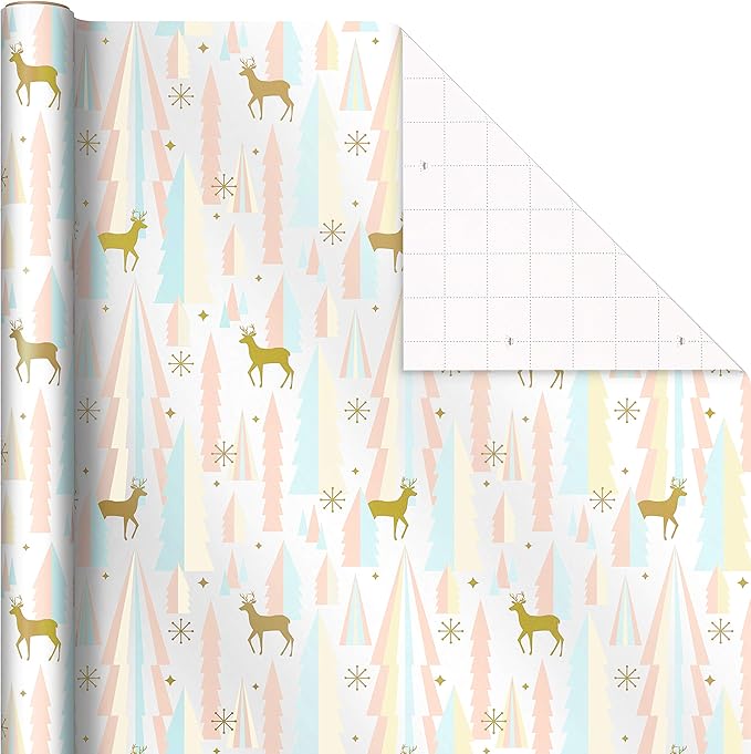 Hallmark Pink Christmas Wrapping Paper with Cut Lines on Reverse (3 Rolls: 120 sq. ft. ttl) Pink, Mint, Gold, Reindeer, Christmas Trees, Snowflakes