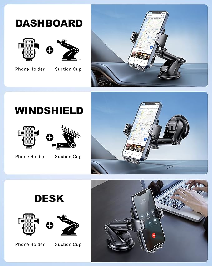 Suction Cup Car Phone Mount for Windshield/Dashboard, Hand Free Mobile Phone Holder for Car, Universal Cell Phone Holder Stand for iPhone 15 14 13 12 Pro Max Samsung Android 【Thick Case Friendly】