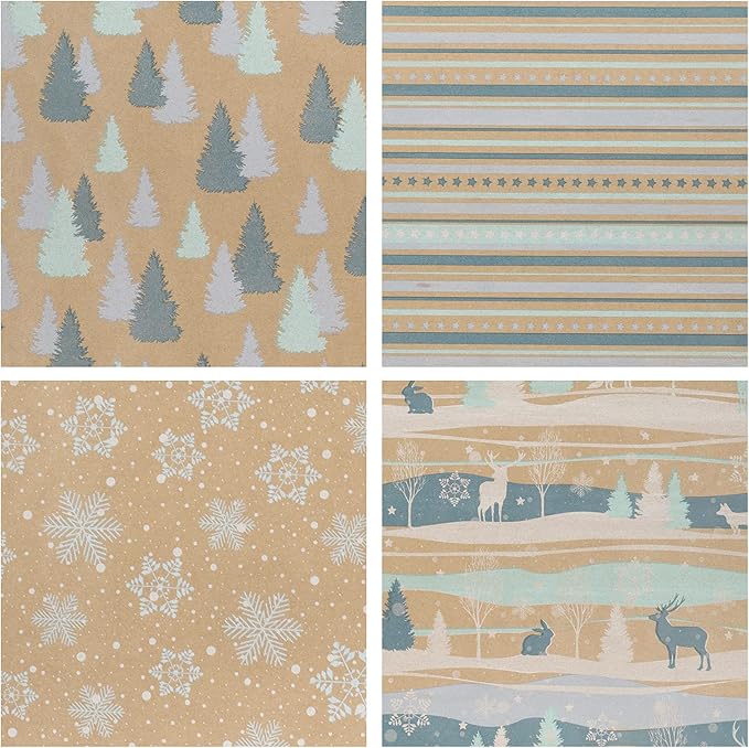 RUSPEPA Christmas Wrapping Paper, Kraft Paper - Reindeer, Stripe and Snowflakes in Blue Design - 4 Rolls - 30 inches x 10 feet per Roll