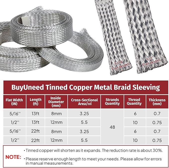 Tinned Copper Metal Braid Sleeving Wire Shielding Sleeve Braided Copper Ground Straps EMI/RFI Interference Expandable Flat Mesh Shielding Cable for Protect Wire (1/2inch-22ft)