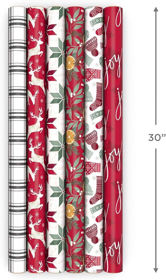 Hallmark Recycled and Recyclable Christmas Wrapping Paper Rolls with Cutlines on Reverse (6 Rolls: 150 Sq. Ft. Total) Deer, Mittens, Citrus with Pinecones, Red and Green Quilt