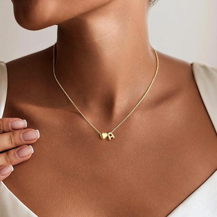 M MOOHAM Valentines Gifts for Kids Her - Heart Initial Necklaces for Women Girls 14K Gold Plated Tiny Heart Necklace Jewelry for Kids Personalized Birthday Gifts for Teen Girls Trendy