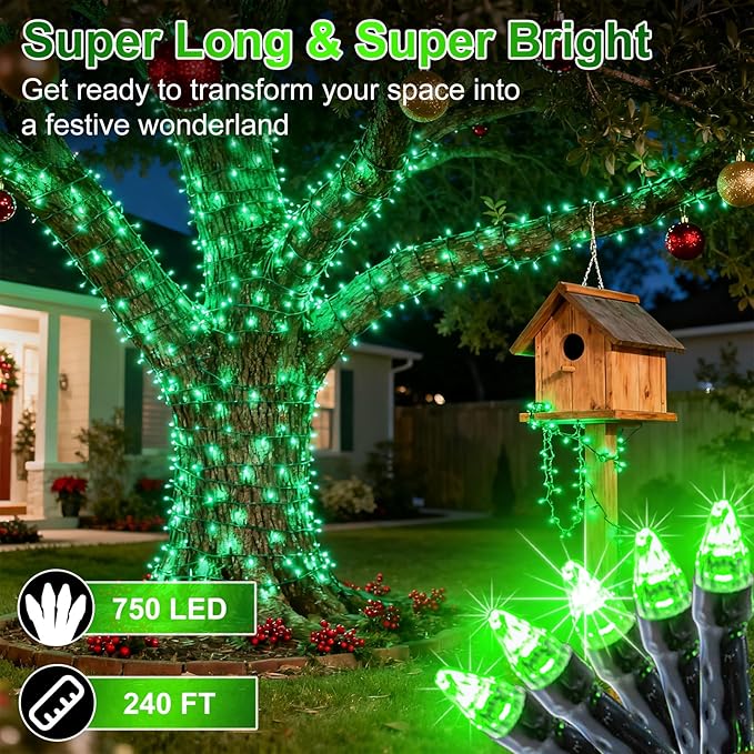 750 LED 240FT Christmas String Lights Outdoor, 12 Pro Modes and Timer Memory & Brightness, Plug in Waterproof Dark Green Wire Twinkle Light for for Xmas Yard Tree Wedding Party Decor (Green)