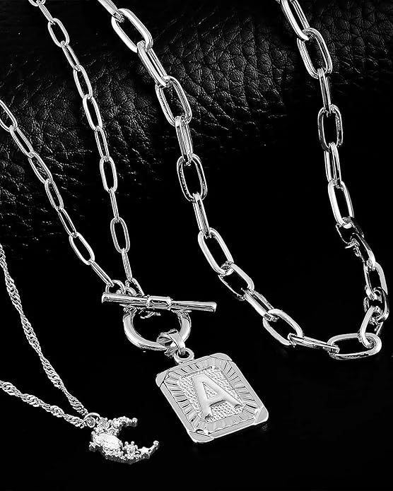 MJartoria Layered Initial Necklaces for Women Trendy, 14K Gold Plated Brass Simple Moon Choker Square Letter Pendant Necklace, Paperclip Chain Necklaces Jewelry Gifts