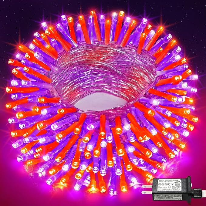 66FT 200 LED Christmas Lights Outdoor, Orange & Purple Christmas String Lights Waterproof with 8 Modes, Connectable Clear Wire Twinkle Light for Indoor Home Tree Xmas Garden Decorations