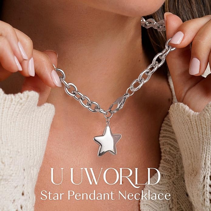 Chunky Gold Necklace with Star Pendant for Women,18K Gold Plated Stainless Steel Sweatproof Non Tarnish Hypoallergenic Chain,Trendy Chunky Necklaces for Women,Star Necklace Fashion Statement Jewelry