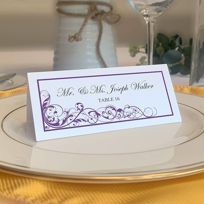 Scribble Vintage Swirl Printable Place Cards, Purple (Choose Color), Set of 150 (25 Sheets), Laser & Inkjet Printers - Wedding, Party, Dinner, and Special Events