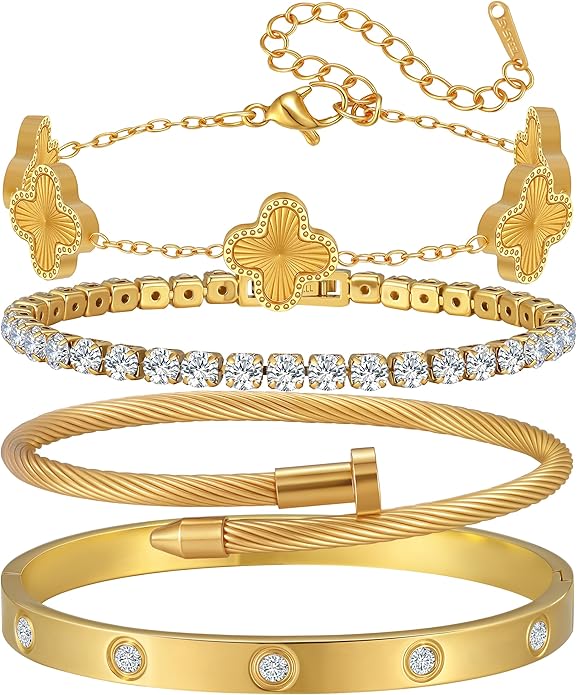 18K Gold Plated Bangle Bracelets Stack for Women,Four Leaf Clover Stackable Bracelets Non Tarnish,4 Pcs Jewelry sets Gifts