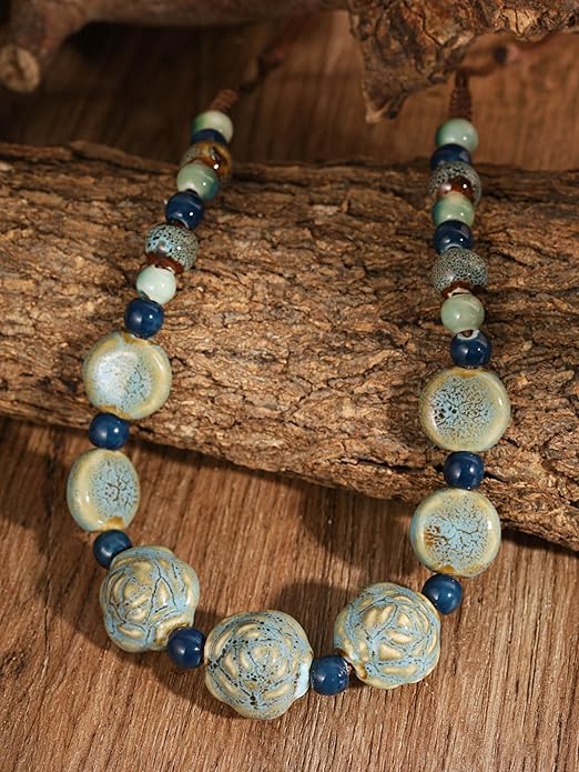 MINACHI Boho Hippie Round Ceramic Beads Strand Necklace, Vintage Bohemian Summer Beach Jewelry Gift for Women
