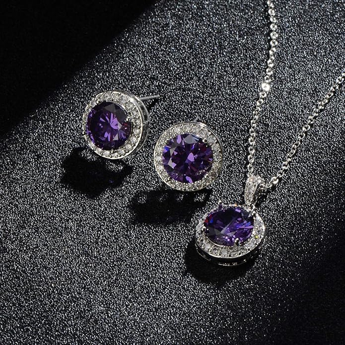 Bridal Crystal Jewelry Set - Sterling Silver Round Cubic Zirconia CZ Rhinestone Halo Birthstone Pendant Necklace Stud Earrings Set for Wedding Bride Bridesmaids Birthday Gift