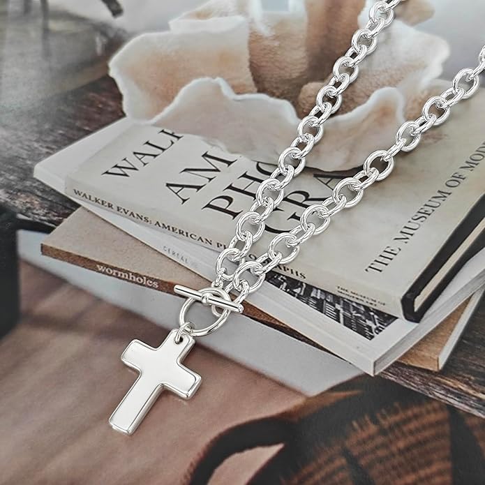 Zeffy 14K Gold/Silver Plated Chunky Thick Chain Toggle Clasp Necklace Dainty Baroque Pearl/Heart/Cross/Turquoise Pendant Necklace