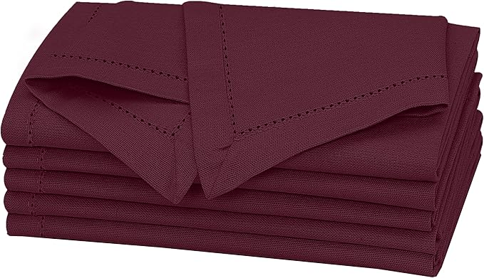 Ruvanti Premium Linen Napkins Set of 6-20x20 Inch, Classic Hemstitch, Mitered Corner Cloth Napkins ‎‎- Soft, Elegant Dinner Napkins Cloth Washable for Weddings, Parties, Everyday Use - Burgundy