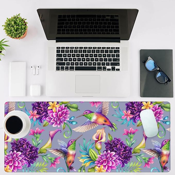 Mouse Pad Large Humming Bird and Flowers Non-Slip Gaming Desk Mat with Stitched Edge Laptop Keyboard Desk Pad for Work Home Gaming (35.4 x 15.7 Inches)