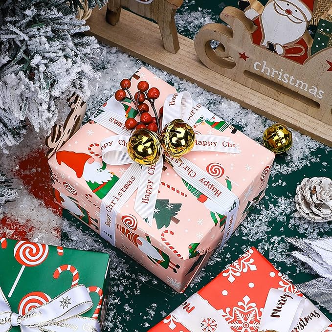 WRAPAHOLIC 30 Inch Jumbo Reversible Gnome Christmas Wrapping Paper - 30 Inch x 33 Feet - Red Green Gnome Wrapping Paper and Pink White Polka Dots for Christmas, Holiday, Party