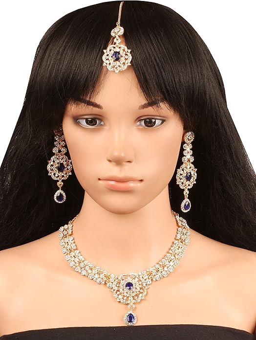 Touchstone Indian jewelry sets for women gold wedding tikka necklace set guest costume fancy bridal jewellery rhinestone crystal elegant formal prom evening wear dainty accessories