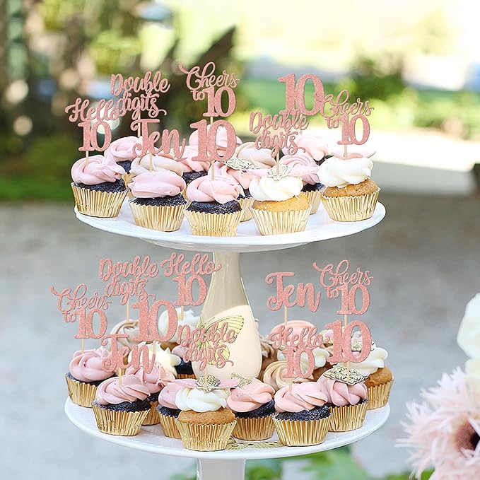 30PCS Happy 10th Birthday Cupcake Toppers Glitter Ten Double Digits Hello 10 Cupcake Picks Cheers to 10 Birthday Decorations for 10th Birthday Anniversary Party Cake Decorations Supplier Rose Gold