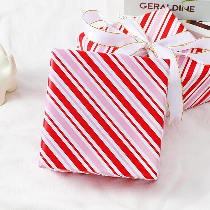 Miss DuiDui Gift Wrapping Paper Roll, 17 Inch x 32.8 Feet, Red Pink White Stripe for Birthday, Baby Shower, Valentine's Day, Anniversary, Wedding, Christmas