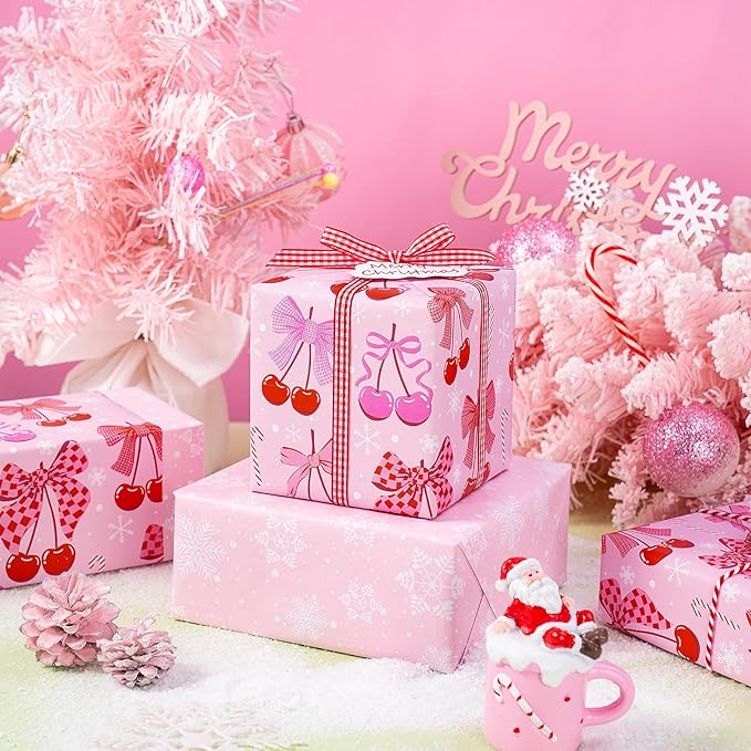 RUSPEPA 30" X 32.8' Reversible Christmas Bow Wrapping Large Paper Roll, Jumbo Roll, Pink Romantic Cherry Bow and Candy Cane Design, White Snowflake Gift Wrap Paper for Girls, Women, Kids, Holiday Gift
